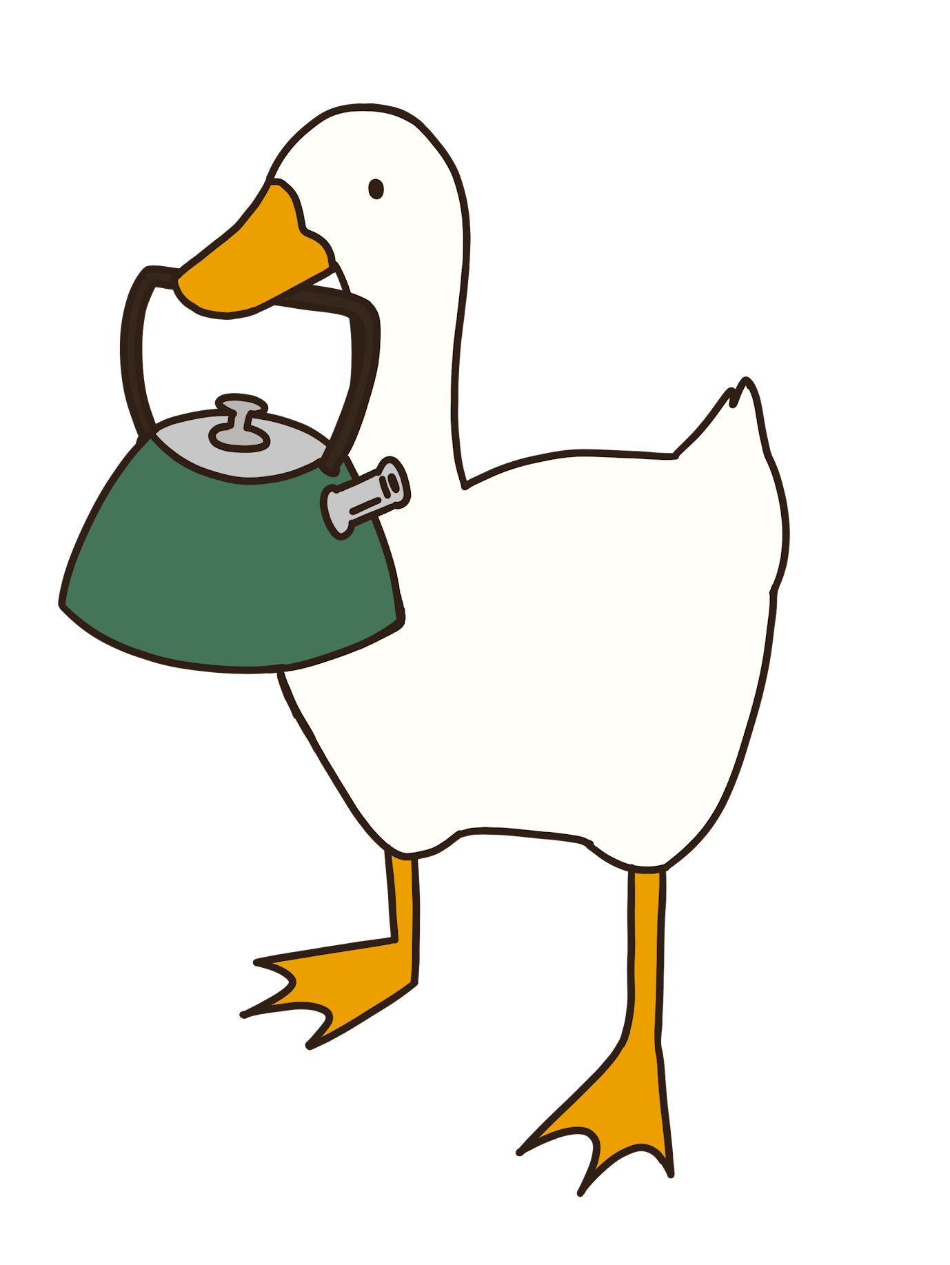 An illustrated goose holding a tea kettle